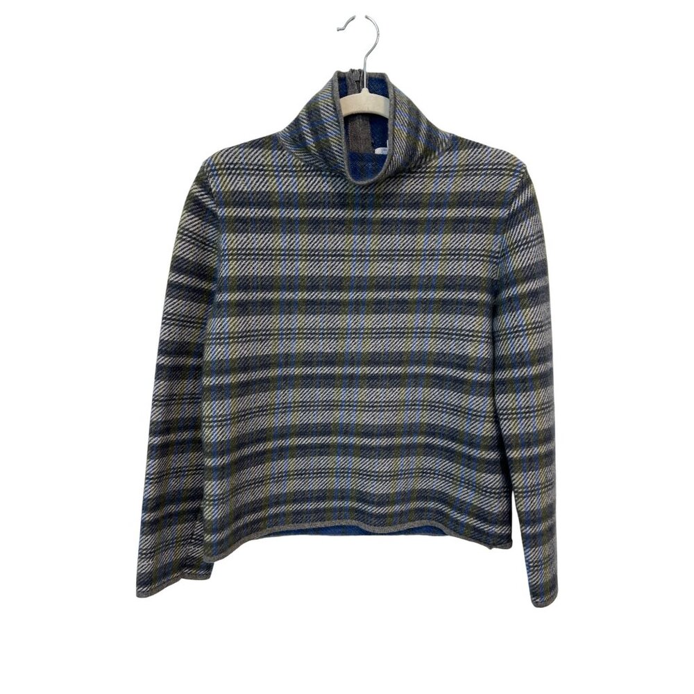 Nordstrom Signature Turtleneck Sweater Cashmere Size XS Plaid Stripe Gray Blue